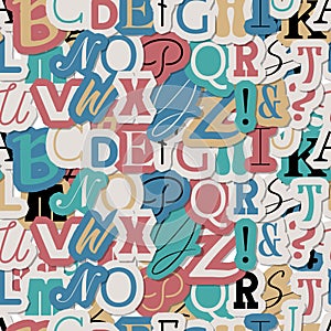 Journal cut letters seamless pattern. Vintage Colorful alphabet letters made of newspaper magazine font type typography