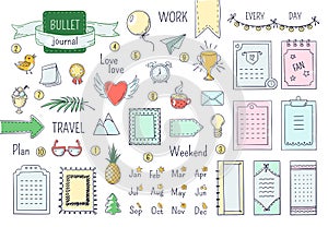 Journal hand drawn elements. Doodle bullets, color notebook schedule calendar diary line scribble elements. Vector photo