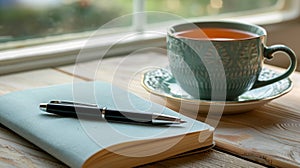A journal and pen next to a cup of herbal tea symbolizing daily reflection during the challenge