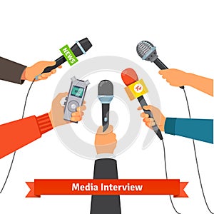 Journalism concept. Microphones and voice recorder