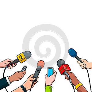 Journalism concept vector illustration in pop art comic style. Set of hands holding microphones and voice recorders. Hot