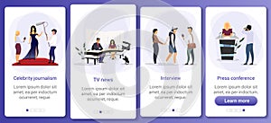 Journalism and mass media onboarding mobile app screen vector template. TV news, interview, press conference. Walkthrough website