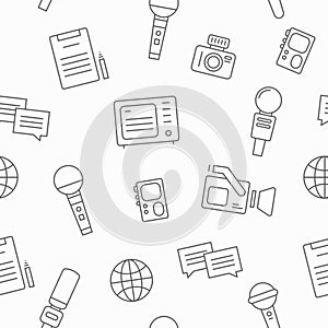 Journalism seamless pattern vector with line icons. News interviewer attributes as a microphone, camera, dictaphone