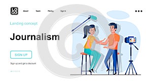 Journalism web concept. Recording of interview program, man and woman broadcasting live tv show. Template of people scenes. Vector