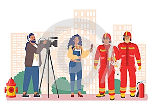 Journalist, cameraman shooting interview with two firefighters, flat vector illustration. Live reportage, breaking news.