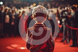 Journalist child boy red carpet. Generate Ai