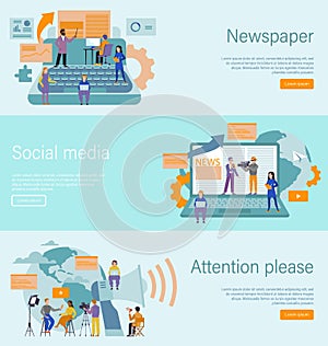 Journalist concept. Mass media profession, internet and radio journalism, online news blog landing page, newspaper and