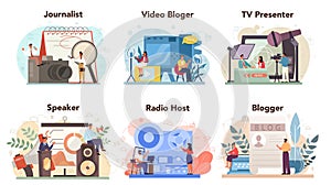 Journalist concept set. Newspaper, internet and radio journalism. TV