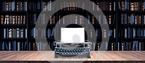 Journalist desk with old typewriter and Bookshelves in the library with old books 3d render