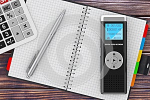 Journalist Digital Voice Recorder or Dictaphone, Calculator, Blank Daily Organizer and Pen. 3d Rendering