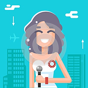 Journalist Female Girl Icon Mass Media Symbol on Stylish Background Flat Design Template Vector Illustration