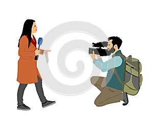 Journalist girl news reporter interview with camera crew vector illustration isolated. TV reporter woman