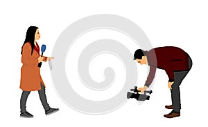 Journalist girl news reporter interview with camera crew vector illustration isolated. TV reporter woman.