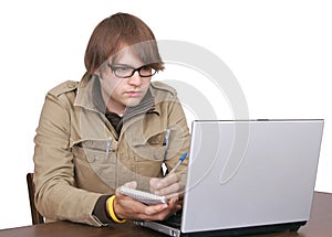 Journalist guy with laptop computer