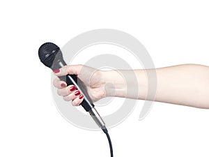 Journalist hand holding microphone on white background