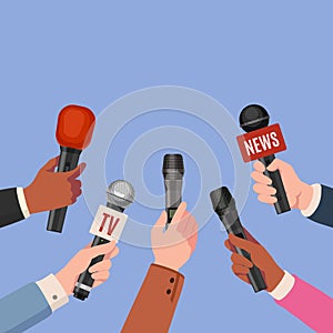 Journalist hands with microphones. Reporters with mics take interview for news broadcast, press conference or newscast. Media