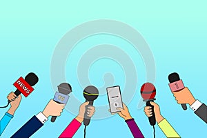 Journalist hands with microphones and smartphone. Reporters with mics take interview for news broadcast, press conference or