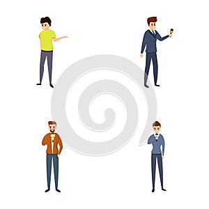 Journalist icons set cartoon vector. Male and female reporter with microphone