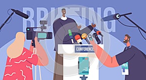 Journalist Interviewing Politician During Briefing Or Press Conference. African Man Speak With Reporter, Illustration