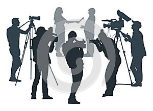 Journalist are interviewing, silhouette. Press conference, reporters. People with video and photo cameras. Vector illustration