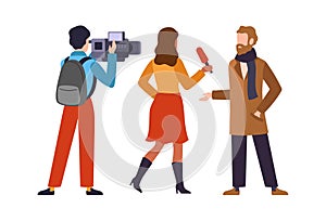 Journalist interviews celebrity. Newscaster and journalist profession. Operator holds camera and reporter with