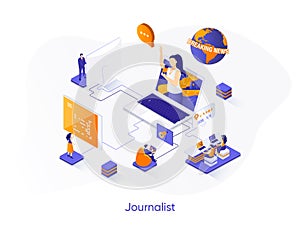 Journalist isometric web banner. Breaking news reportage with correspondent isometry concept. TV broadcasting 3d scene, news live