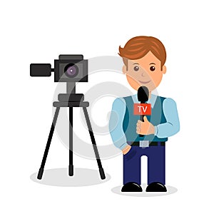 Journalist. male character on a white background with a camera and a microphone in her hand.