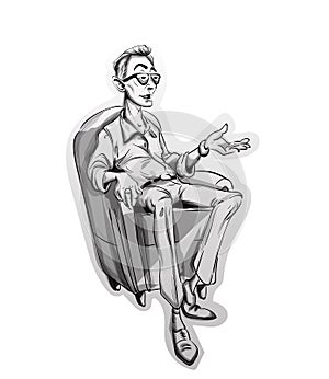 Journalist man sitting on a chair Vector sketch. Storyboard cartoon character illustrations