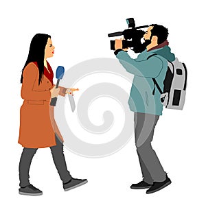Journalist News Reporter Interview with camera crew illustration isolated. TV reporter interviewed people on street.
