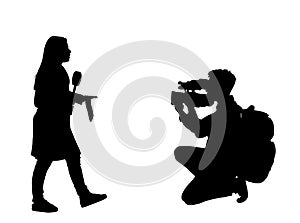 Journalist News Reporter Interview with camera crew vector silhouette illustration isolated.