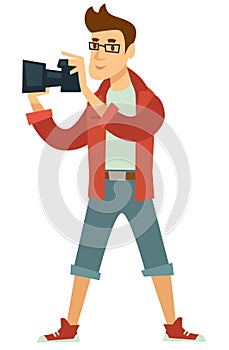 Journalist or photographer profession photocorrespondent with photo camera isolated male character