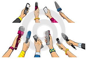 Journalist in pop art comic style, hand hold microphone. Set of voice recorder in hand of reporters. Press conference or