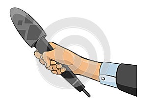 Journalist in pop art comic style, hand hold microphone. Voice recorder in hand of reporter. Press conference or