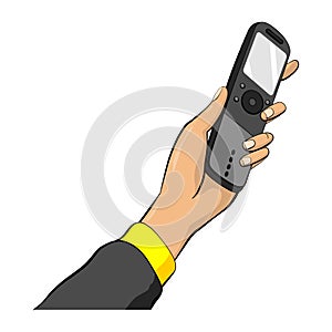 Journalist in pop art comic style, hand hold microphone. Voice recorder in hand of reporter. Press conference or