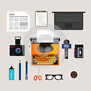 Journalist press icon objects vector camera type writer laptop microphone interview recorder note newspaper pen pencil