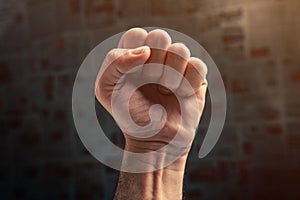 Journalist protesting with raised fist for freedom of speech