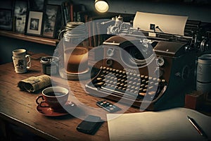 Journalist's desk with old typewriter. Created with generative AI technology.