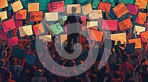 A journalist standing on a podium surrounded by a sea of people holding up signs and chanting. The image conveys a sense