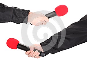 Journalist TV reporter show host hand hold red microphone for interview