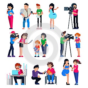 Journalist vector cameraman character and tv reporter broadcasting news or press interview with man or woman