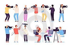 Journalists. Broadcaster news journalists broadcasting camera crew cameraman tv studio interview isolated vector cartoon