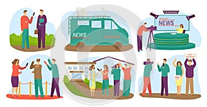 Journalists different channels taking interview, mass media vector illustrations set. Journalism, leading news and