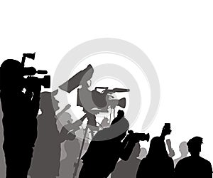 Journalists are interviewing, silhouette. Press conference of reporters. Crowd of people with video cameras and microphones.