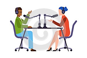 Journalists or newscaster. Man and woman talk live, podcast or broadcast online show, headphones and microphones in