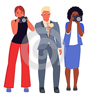 Journalists and photographer team vector illustration. News channels and radio stations workers interviewing standing