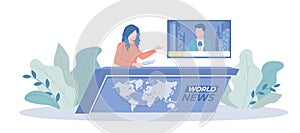 Journalists Reportage. TV News Studio with television presenter in broadcasting room with live report on screen. News anchor photo