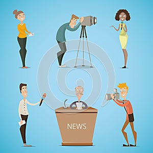 Journalists, reporters, cameraman, photographer. Collection of cartoon characters. photo