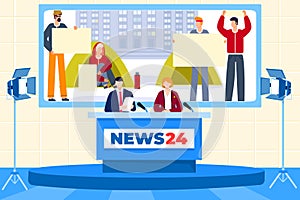 Journalists work in news studio, people on television, communication with announcer, design cartoon style vector