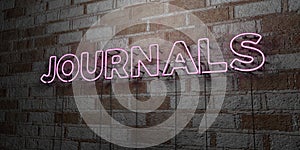 JOURNALS - Glowing Neon Sign on stonework wall - 3D rendered royalty free stock illustration