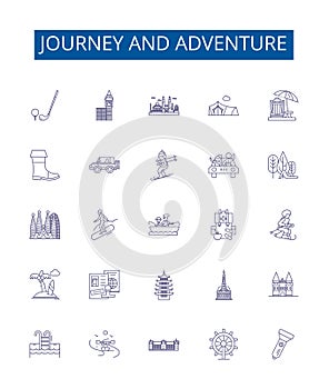 Journey and adventure line icons signs set. Design collection of Voyage, Expedition, Trek, Traverse, Roam, Expeditionary photo